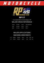 Load image into Gallery viewer, RP117 Race Performance Motorcycle Oil Filter Cross Reference Chart

